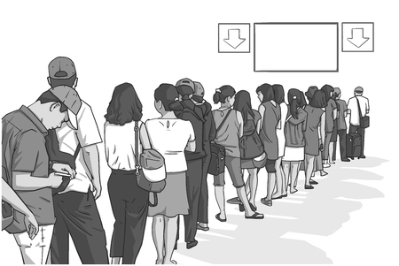 Illustration Of Crowd Of People Standing In Line In Perspective