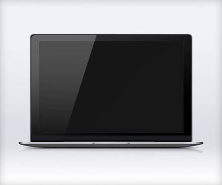 黒い画面 反射と灰色の背景に影でモダンな光沢のあるラップトップ 3 D イラスト の写真素材 画像素材 Image