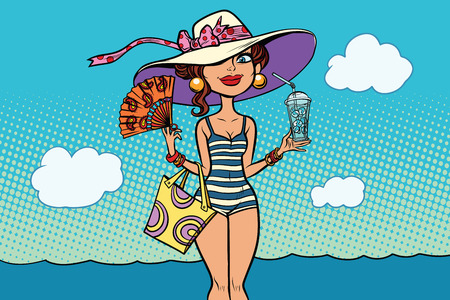 Femme Rétro Sur Les Vacances à La Plage De Mer. Bande Dessinée Dessin Animé Pop Art Dessin Rétro D