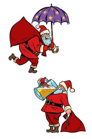 set collection Christmas Santa Claus magical and drunk Comic cartoon pop art retro vector illustration drawing Vector Illustration