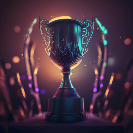 Winner trophy at studio illuminated by bright light, ai generative