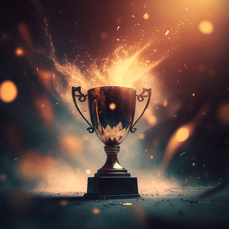 Winner trophy at studio illuminated by bright light, ai generative
