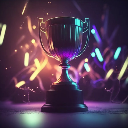 Winner trophy at studio illuminated by bright light, ai generative