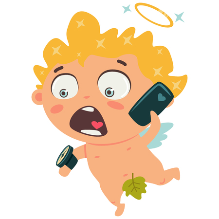 かわいいキューピッドは スマートフォンで話し 彼の腕に彼の時計を見て バレンタインデーのシンボル 漫画ベクトルイラストは 白い背景に分離されています の イラスト素材 ベクタ Image