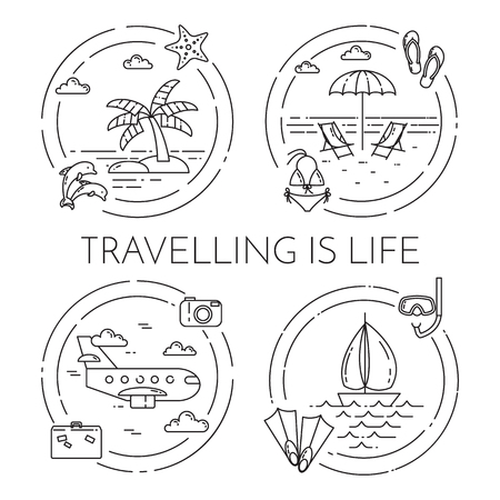 細い線休暇シンボルとアイコンのセットです 島 ヨット ビーチ 残りの部分のアクセサリーにヤシの飛行機の絵文字を旅行します ウェブサイト バナー イラスト インフォ グラフィックの要素 のイラスト素材 ベクタ Image