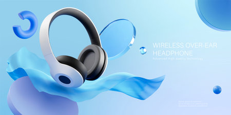 Annonce de casque sans fil sur l'oreille. illustration 3d d'un casque supra-auriculaire affiché devant un tissu flottant sur fond bleu