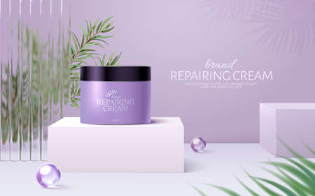 3d purple cosmetic ad banner, suitable for skin soothing and night skincare products. plastic jar mock-up stands on white cube podium with ethereal tea tree leaves and glass divider wall.