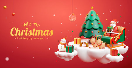 3d red christmas banner. santa sitting on reindeer sleigh holding gift on floating cloud shape island, which decorated with christmas tree, presents and snowman. Ilustrações vetoriais