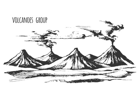 Vulkanaktivität Mit Magma, Rauch Vor Dem Ausbruch Und Lava Oder  Naturkatastrophe. Für Reisen, Abenteuer. Berglandschaften. Gravierte Hand  Gezeichnet In Alte Skizze, Vintage-Stil. Lizenzfrei Nutzbare  Vektorgrafiken, Clip Arts, Illustrationen. Image ...