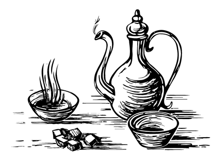 Oriental antique tea set. teapot, cups bowls, sugar lumps. imitation of engraving. scratch board style imitation. hand drawn sketch image.
