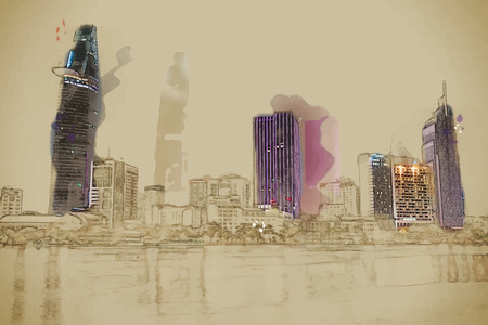 The landscape of Saigon: Nền du lịch ở định dạng vector. Bức tranh phong cách hiện đại với màu nước và bút chì. Cảnh quan thành phố Hồ Chí Minh vào ban đêm với ánh sáng rực rỡ của kiến trúc hiện đại.