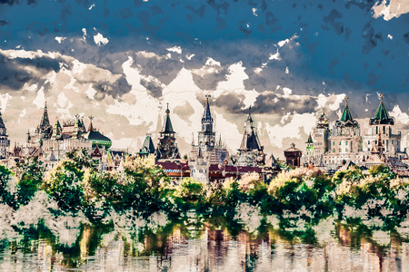 川と緑豊かな緑 モスクワ ロシアの背後にある Izmaylovo クレムリンと美しい風景 ヴィンテージ塗装 背景イラスト 美しい絵 旅行テクスチャ の写真素材 画像素材 Image