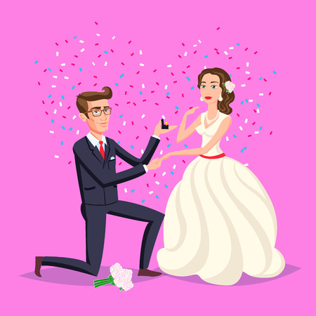 結婚式のイラストです ちょうど面白い夫婦新郎新婦結婚式ピンク背景ハート ベクトル芸術後からダンスします のイラスト素材 ベクタ Image