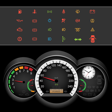 車コントロール パネルの夜は 黒い背景にインターフェイス 車のダッシュ ボードのアイコンを設定します コレクション車パネル記号です スピードメーターギアおよび Rev のカウンターは 速度を示しています のイラスト素材 ベクタ Image