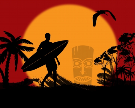 Sunset landscape vector: Surfer hình bóng về cảnh quan nhiệt đới vào lúc hoàng hôn, minh hoạ vector Hình minh hoạ
