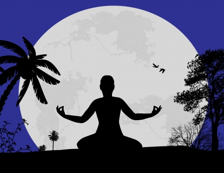 Sunset landscape vector: Vector hình minh họa của thiền yoga trong tư thế hoa sen của người phụ nữ hình bóng lúc hoàng hôn nền cảnh quan, minh hoạ vector
