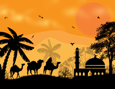 Sunset landscape vector: Bedouin camel caravan in arabian landscape on sunset, vector illustration
