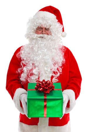 santa claus giving you a christmas gift isolated on a white stock