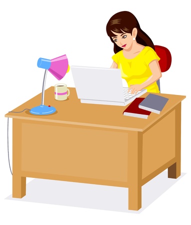 Cartoon illustration of a woman working on laptop computer  - 14095641