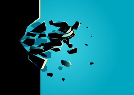 壁を壊すビジネスマンのシルエット イラストです ビジネス 画期的な成功 チャレンジのコンセプトのイラスト素材 ベクタ Image