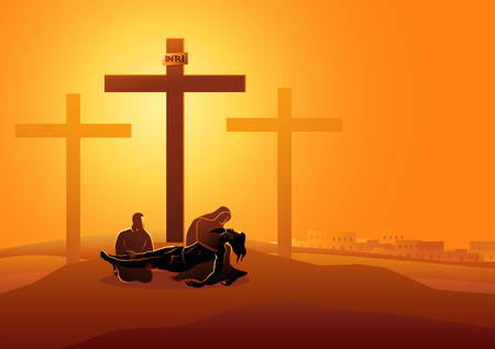 Biblical vector illustration series. way of the cross or stations of the cross, thirteenth station, jesus is taken down from the cross.