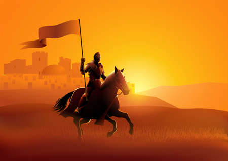 Silhouette vectorielle d'un chevalier médiéval à cheval portant un drapeau sur une scène dramatique