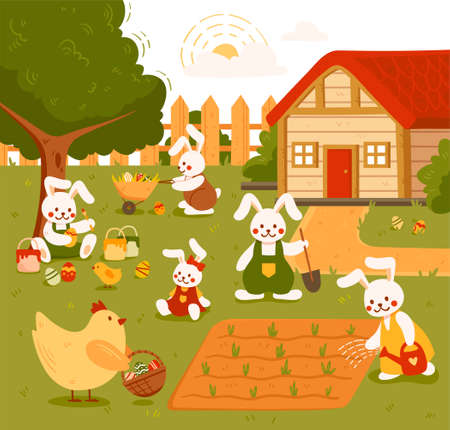 Scène de ferme ou de jardin avec des animaux drôles mignons
