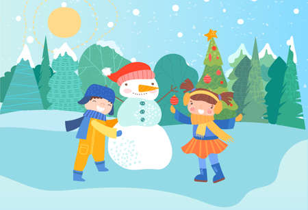 Children make snowman Vector Illustration