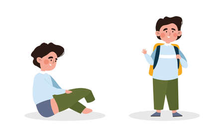 Cute little kid is dressing up or changing green pants on white background