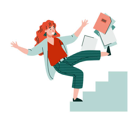 Business woman or office worker cartoon character falling from stairs, flat illustration isolated on white background. safety and injury in workplace concept. Vector Illustration