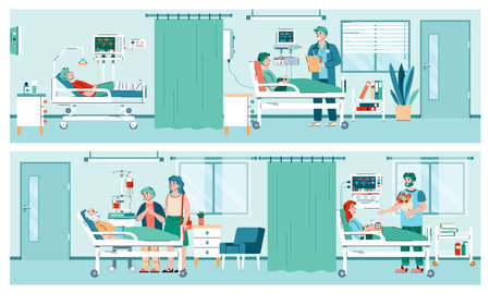 Set Of Hospital Ward Interiors With Patient, Doctor And Relatives Cartoon Characters, Flat Vector Illustration. Banners On Topic Of Hospital Stays And Healthcare.