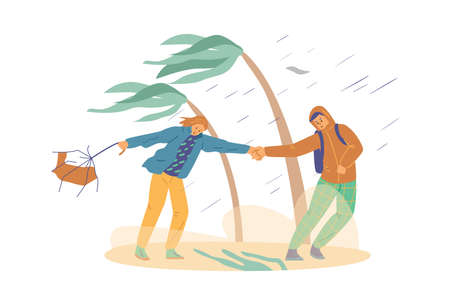 Wind storm and rain hit people on the beach, flat vector illustration on white background. Stock Photo