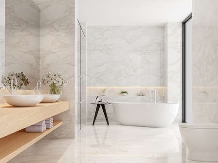 Salle de bain de luxe moderne avec rendu 3d en marbre blanc, décorée avec un comptoir d'évier en bois