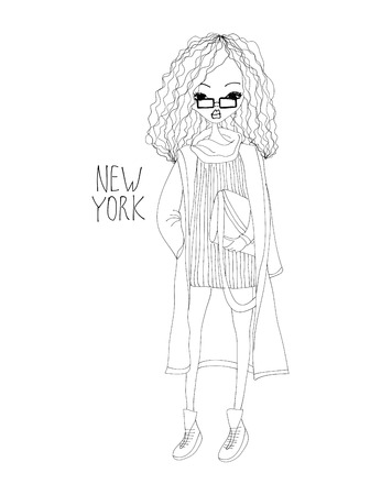 スタイリッシュな服を着て ファッションの女の子とニューヨークのファッションのイラスト 心を持つ黒と白のニューヨーク タイポグラフィ 黒の N 白ニューヨーカーが市内で のイラスト素材 ベクタ Image