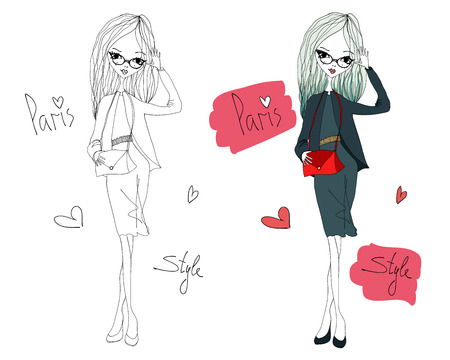 パリのスタイルのファッションのイラストは スタイリッシュな服を着てファッションの女の子で設定します カラフルな心を持つパリ スタイル タイポグラフィをスケッチ のイラスト素材 ベクタ Image
