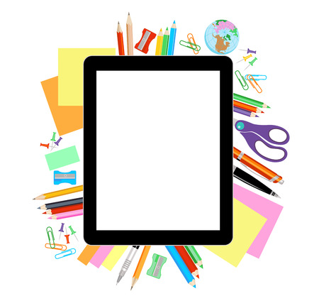 Modern flat vector illustration, tablet PC with school office supplies on white background - 63998427