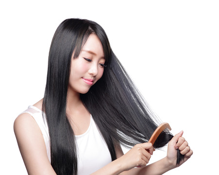 Beautiful Woman touch her health long straight hair care with smile face, asian beauty model - 35836958