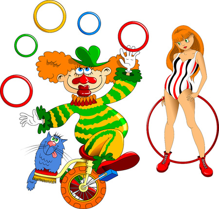 Cheerful clown with a cat and gymnast with a hoop Vector Illustration
