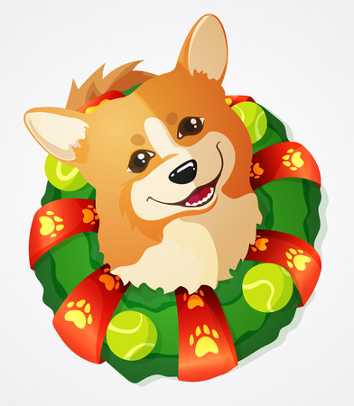 かわいいコーギー犬とテニス ボールおもちゃクリスマス リース手描きの背景イラスト のイラスト素材 ベクタ Image かわいいコーギー犬とテニス ボールおもちゃクリスマス リース手描きの背景イラスト のイラスト素材 ベクタ Image