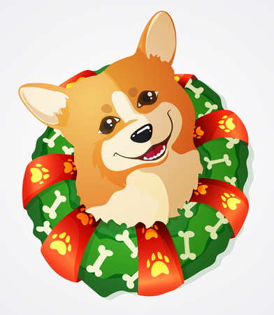かわいいコーギー犬とテニス ボールおもちゃクリスマス リース手描きの背景イラストのイラスト素材 ベクタ Image