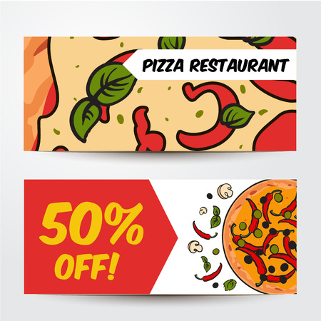 two horizontal pizza banners with ingredients colorful sketch