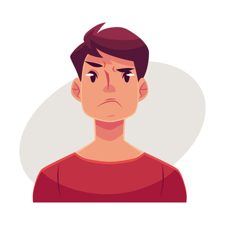 Young man face, angry facial expression, cartoon vector illustrations isolated on gray background. handsome boy emoji, feeling distressed, frustrated, sullen, upset. angry face expression