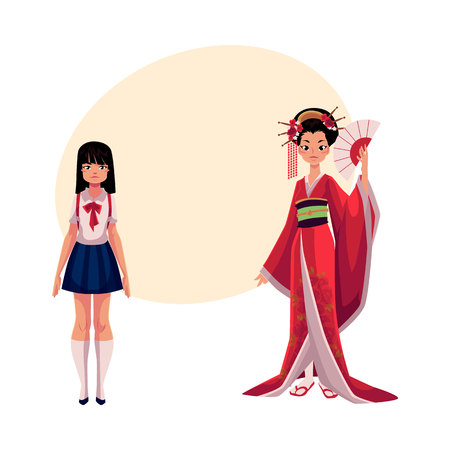 日本人 歴史着物と典型的な女子高生 白い背景で隔離の漫画イラストの芸者 日本の日本芸者 女子高生 典型的なステレオタイプの人々 のイラスト素材 ベクタ Image 日本人 歴史着物と典型的な女子高生 白い背景で隔離の漫画イラストの芸者 日本の日本芸者 女子高生 典型的なステレオタイプの人々 のイラスト素材 ベクタ Image