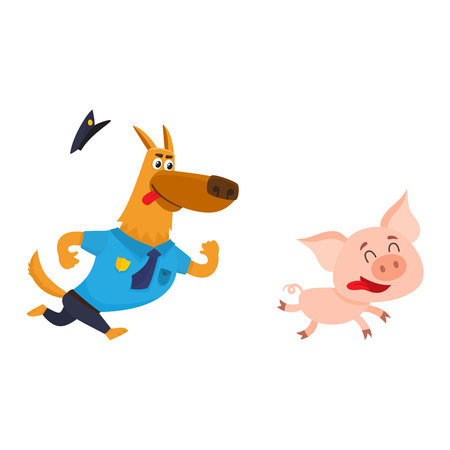 面白い羊飼い犬文字青い警察の制服で ブタを追いかけて漫画の白い背景で隔離の図 ブタを追いかけて面白い警察犬のキャラクター のイラスト素材 ベクタ Image 面白い羊飼い犬文字青い警察の制服で ブタを追いかけて漫画の白い背景で隔離の図 ブタを追いかけて面白い警察犬のキャラクター のイラスト素材 ベクタ Image