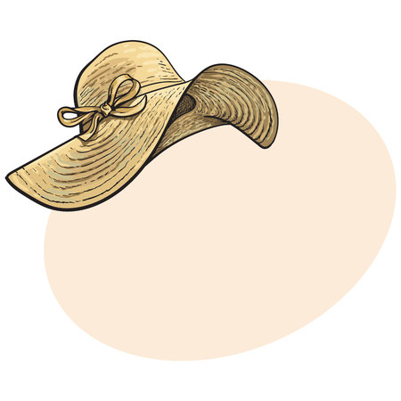 広いフラップ 夏の休暇の属性 スケッチとファッショナブルな麦わら帽子はベクトル テキストのイラストです のイラスト素材 ベクタ Image