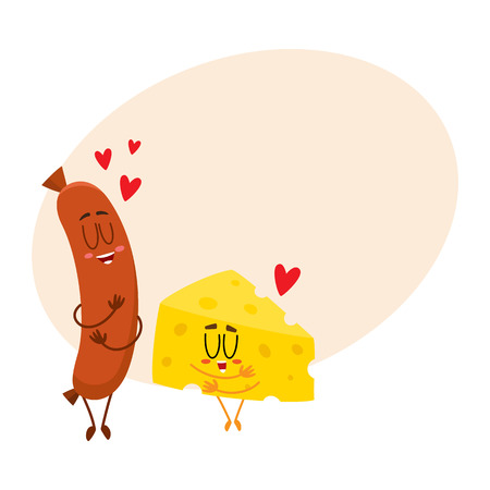 愛 完璧なカップル 漫画を示す面白いチーズ塊とフランクフルト ソーセージの文字ベクトル テキスト用のスペースとイラストです チーズとソーセージの文字 人間の顔でマスコット のイラスト素材 ベクタ Image 愛 完璧なカップル 漫画を示す面白いチーズ塊とフランクフルト ソーセージの文字ベクトル テキスト用のスペースとイラストです チーズとソーセージの文字 人間の顔でマスコット のイラスト素材 ベクタ Image
