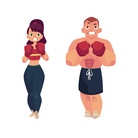 ベクトル漫画筋肉強いかわいい美しい女性 少女とハンサムな男は赤いボクシング グローブ セットを笑顔でさまざまなポーズで立っています 白い背景に分離の図 のイラスト素材 ベクタ Image