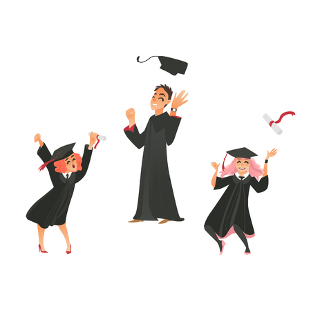 卒業の帽子とガウンの免状 幸福 白い背景で隔離のフラット ベクトル図からダンスを投げる少女 幸せなピンク髪卒業少女 キャップとガウンの卒業証書を投げて のイラスト素材 ベクタ Image