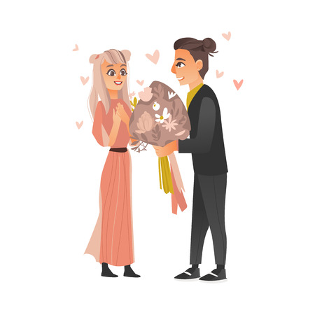 バレンタインデーにデートする愛のベクトルかわいいカップル 漫画の美しい文字を抱きしめ ケア 肯定的な感情を表現し 女の子 に花を運び 与えるエンブラッシング 孤立したイラストのイラスト素材 ベクタ Image