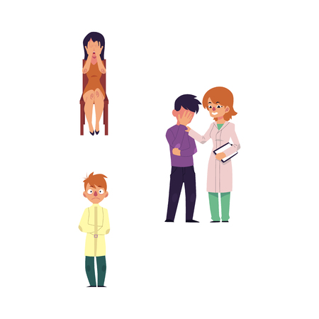 悩んだ女性イラストのセット のイラスト素材 ベクタ Image